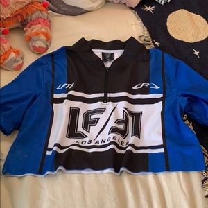 blue and black cropped LF tshirt